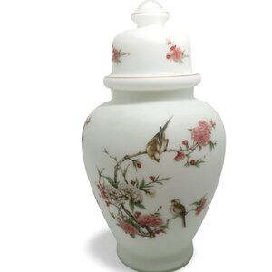 Large GINGER JAR With Lid Frosted Satin Glass Bird And Floral 18" Tall Vintage